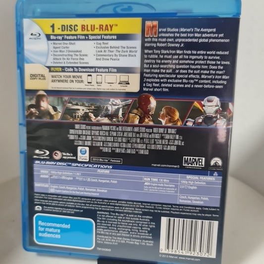 Iron Man 3 | Blu-ray + Digital Copy (Blu-ray, Region A,B,C, 2013) Free Post 1